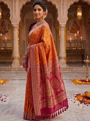 Orange embellished zari art silk banarasi saree 3