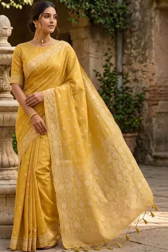 Yellow woven design pure cotton jamdani saree