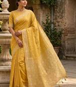Yellow woven design pure cotton jamdani saree