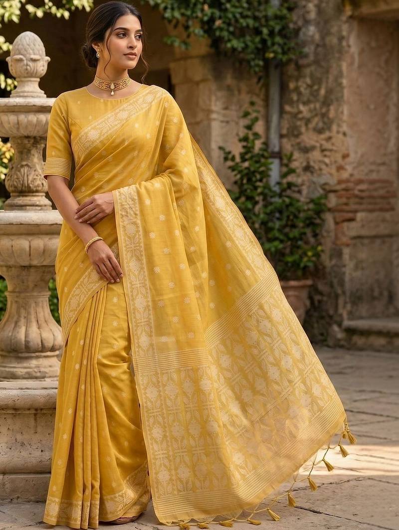 Yellow woven design pure cotton jamdani saree