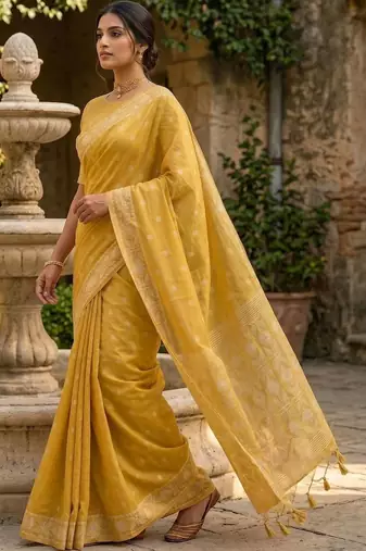 Yellow woven design pure cotton jamdani saree