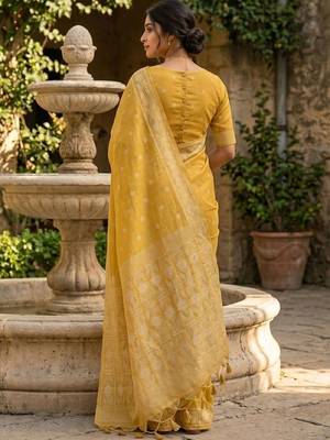 Yellow woven design pure cotton jamdani saree 3