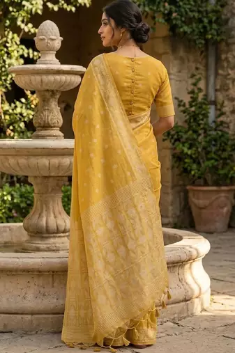Yellow woven design pure cotton jamdani saree