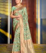 Sea green ethnic motifs silk blend designer banarasi saree