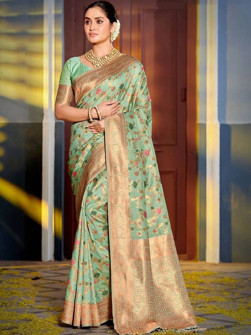 Sea green ethnic motifs silk blend designer banarasi saree