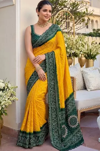 Yellow bandhani mirror work pure georgette leheriya saree