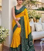 Yellow bandhani mirror work pure georgette leheriya saree