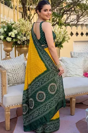 Yellow bandhani mirror work pure georgette leheriya saree