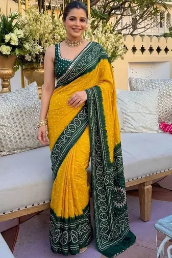 Yellow bandhani mirror work pure georgette leheriya saree