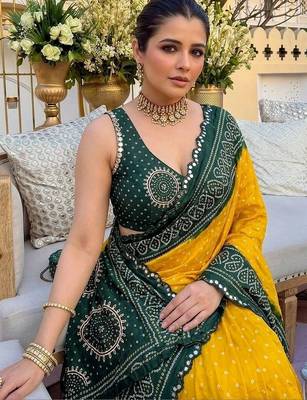 Yellow bandhani mirror work pure georgette leheriya saree 4