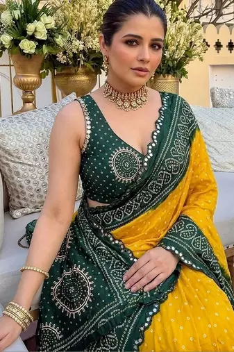 Yellow bandhani mirror work pure georgette leheriya saree