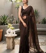 Coffee embellished zari pure cotton khadi saree