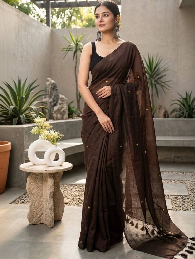 Coffee embellished zari pure cotton khadi saree