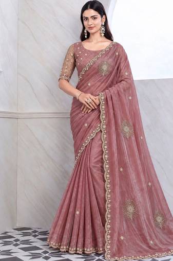 Rose tie and dye embroidered tissue saree