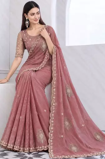 Rose tie and dye embroidered tissue saree