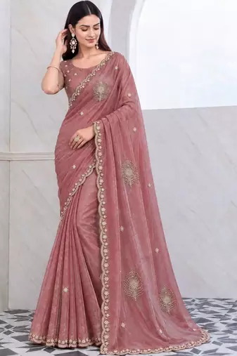 Rose tie and dye embroidered tissue saree