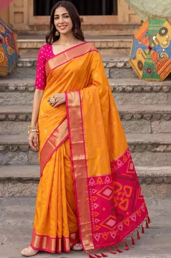 Orange ethnic motifs zari silk blend designer saree