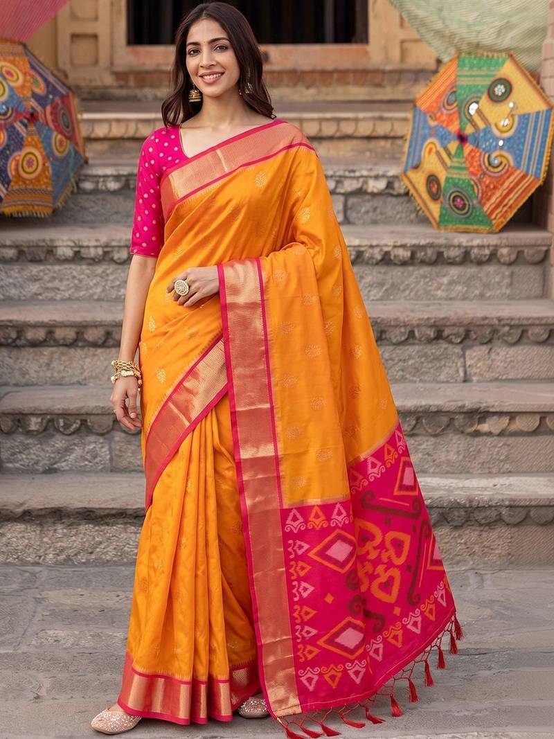 Orange ethnic motifs zari silk blend designer saree