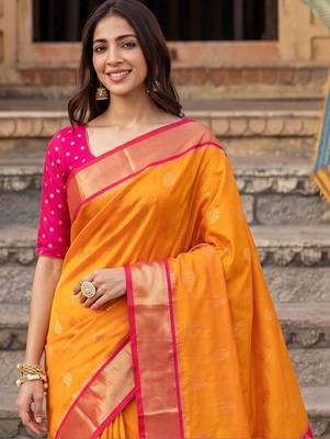 Orange ethnic motifs zari silk blend designer saree 4