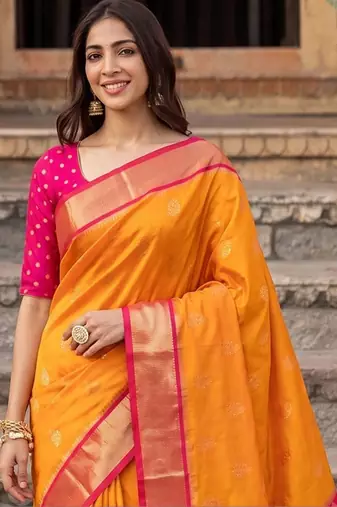 Orange ethnic motifs zari silk blend designer saree