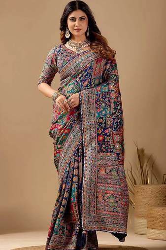 Multicolor paisley embroidered silk blend designer banarasi saree