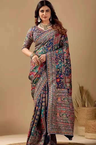Multicolor paisley embroidered silk blend designer banarasi saree