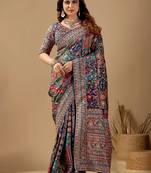 Multicolor paisley embroidered silk blend designer banarasi saree