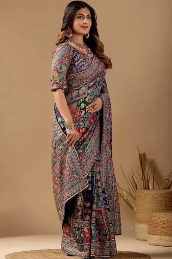 Multicolor paisley embroidered silk blend designer banarasi saree