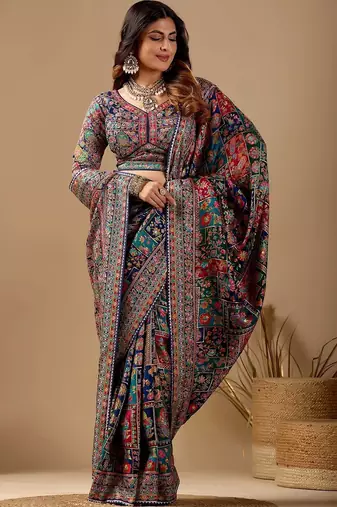 Multicolor paisley embroidered silk blend designer banarasi saree