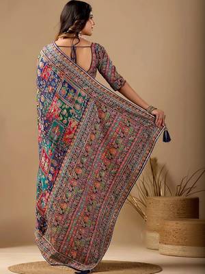 Multicolor paisley embroidered silk blend designer banarasi saree 4