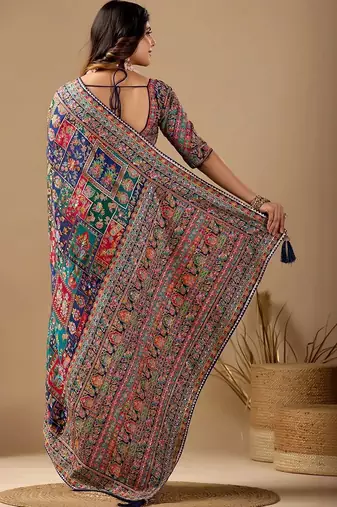 Multicolor paisley embroidered silk blend designer banarasi saree