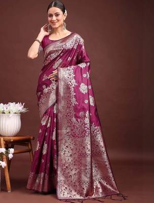 Purple ethnic motifs zari silk blend designer banarasi saree 1
