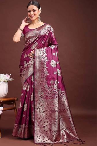 Purple ethnic motifs zari silk blend designer banarasi saree