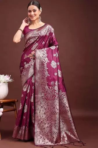 Purple ethnic motifs zari silk blend designer banarasi saree
