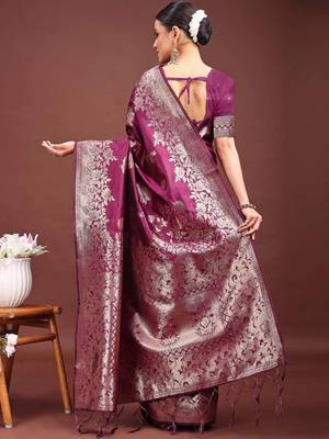 Purple ethnic motifs zari silk blend designer banarasi saree 2