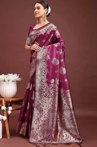 Purple ethnic motifs zari silk blend designer banarasi saree