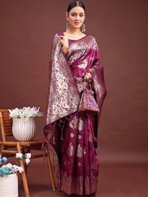 Purple ethnic motifs zari silk blend designer banarasi saree 4