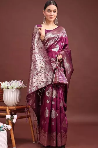 Purple ethnic motifs zari silk blend designer banarasi saree