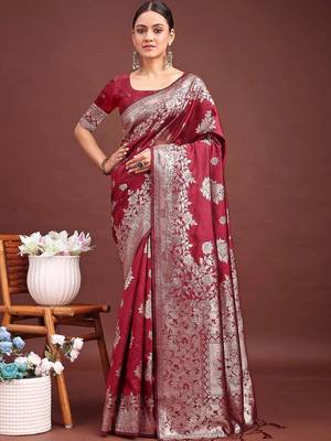 Maroon woven design zari silk blend designer banarasi saree 1