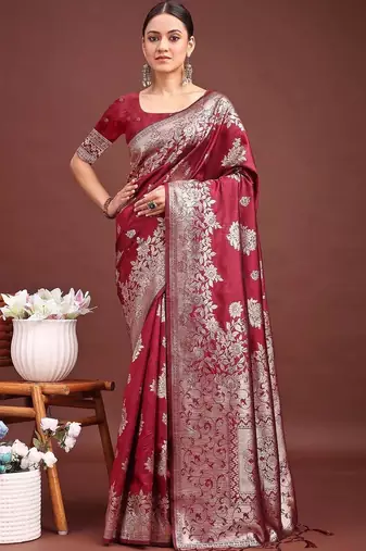 Maroon woven design zari silk blend designer banarasi saree
