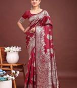Maroon woven design zari silk blend designer banarasi saree