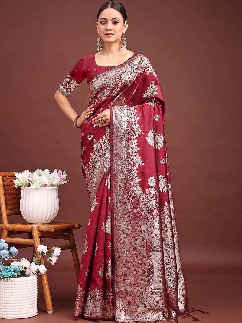 Maroon woven design zari silk blend designer banarasi saree
