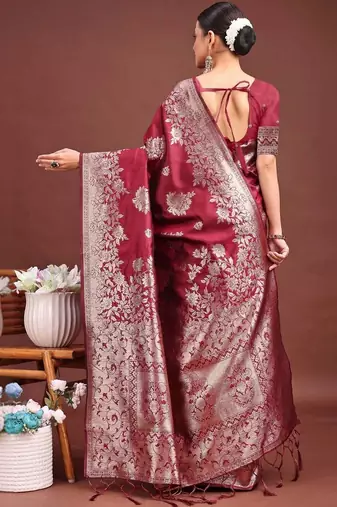 Maroon woven design zari silk blend designer banarasi saree
