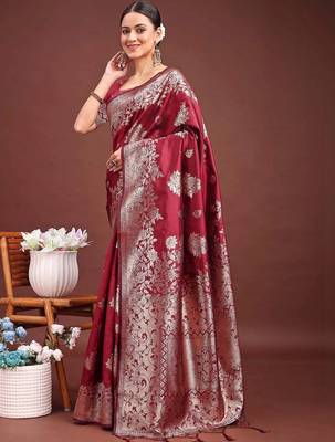 Maroon woven design zari silk blend designer banarasi saree 3