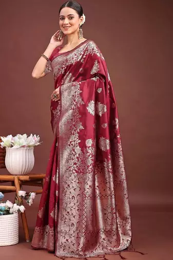 Maroon woven design zari silk blend designer banarasi saree