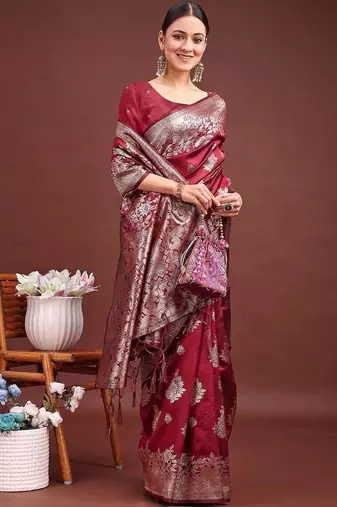Maroon woven design zari silk blend designer banarasi saree