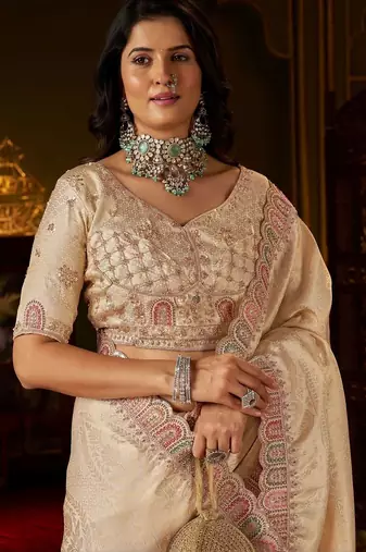 Gold woven design embroidered silk blend designer kanjeevaram saree
