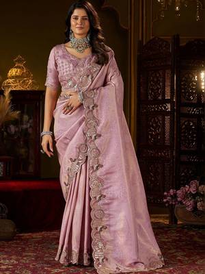Lavender woven design embroidered silk blend designer kanjeevaram saree 1