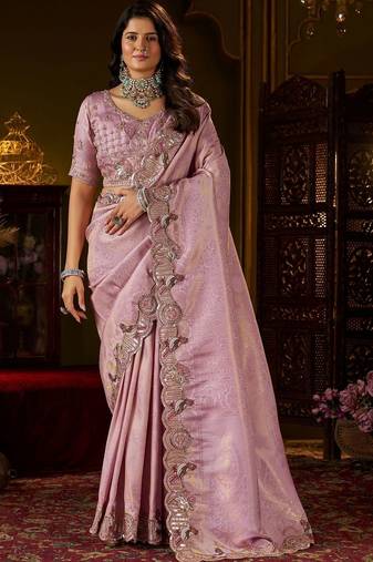 Lavender woven design embroidered silk blend designer kanjeevaram saree