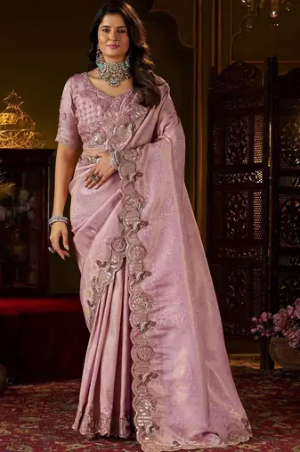 Lavender woven design embroidered silk blend designer kanjeevaram saree
